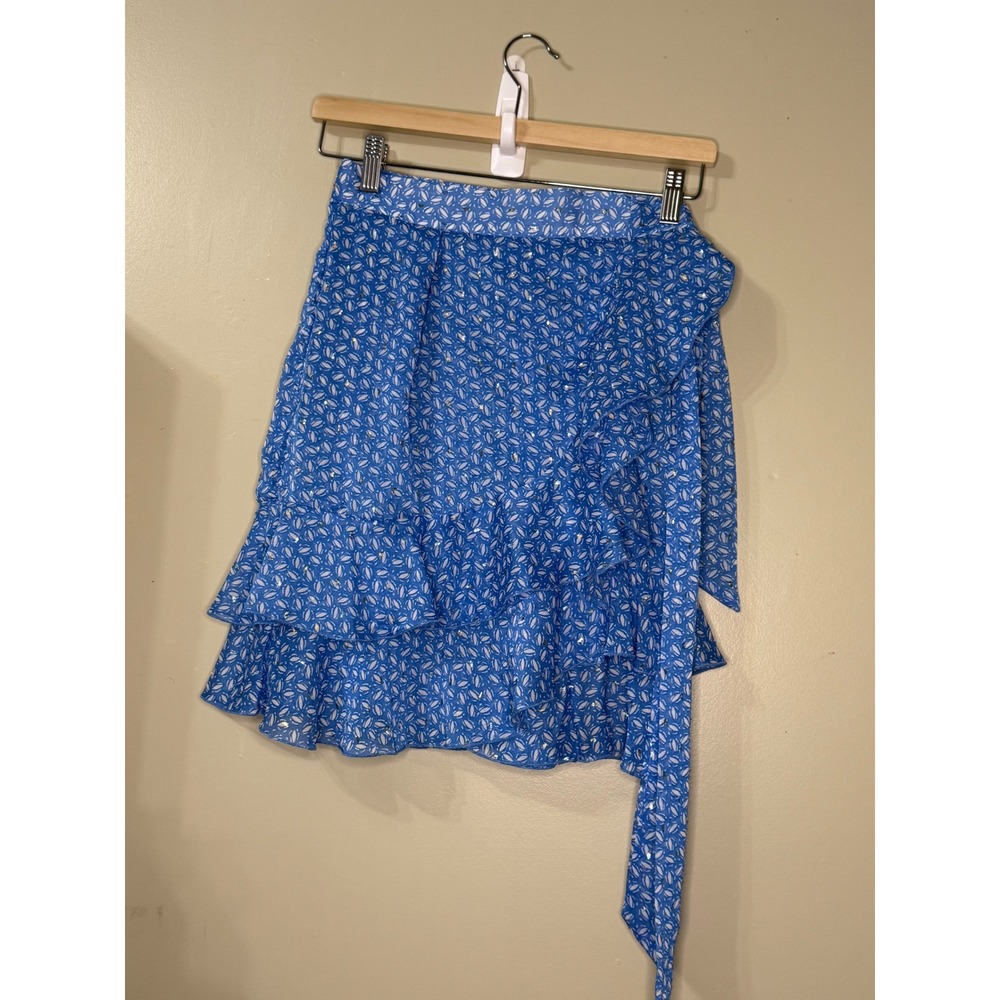 Sabina Musayev Fairycore Blue Floral Ruffle Metallic Tiered Mini Skirt M